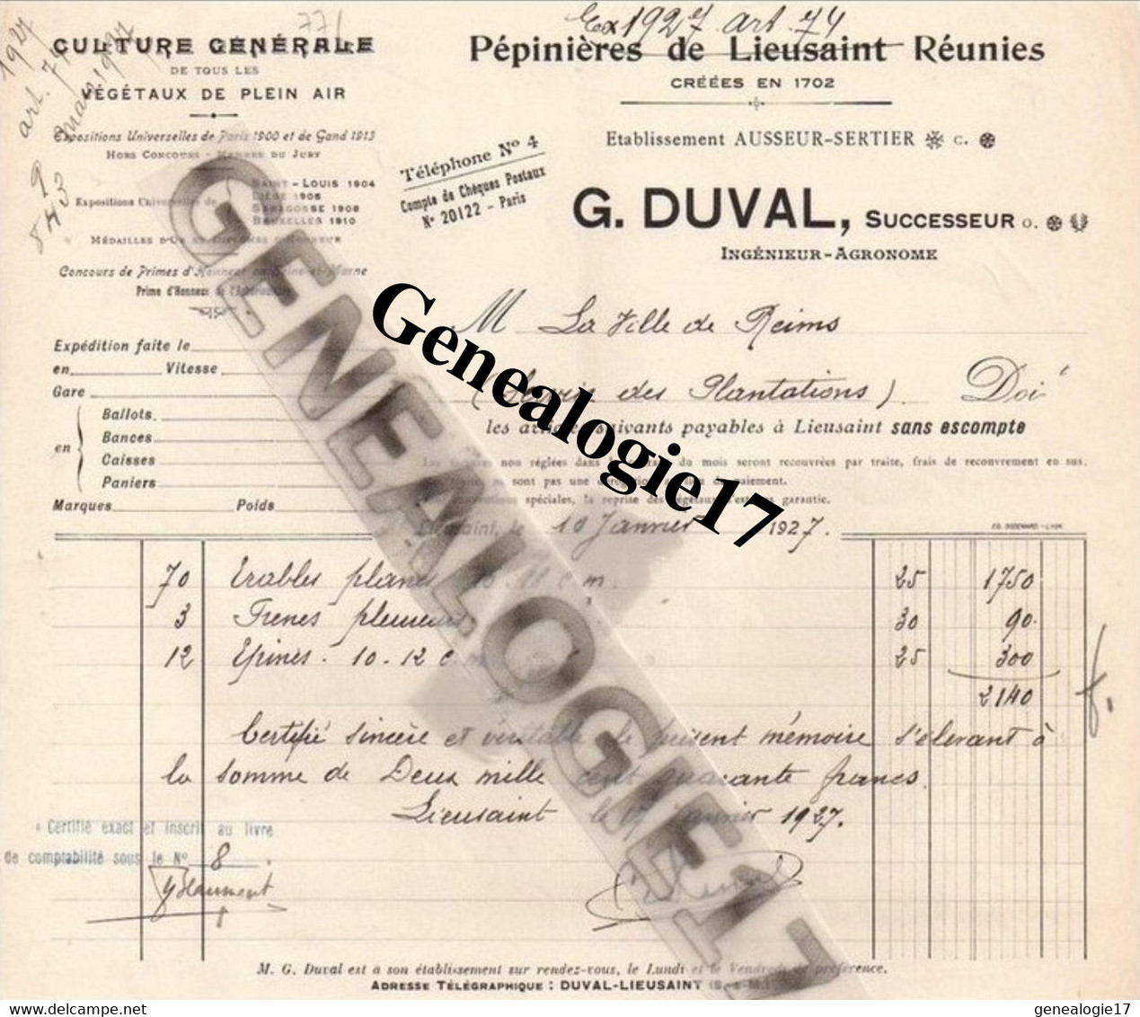 77 0023 LIEUSAINT Seine Marne 1927 Pepiniere G. DUVAL Succ AUSSEUR Et  SERTIER - Agriculture