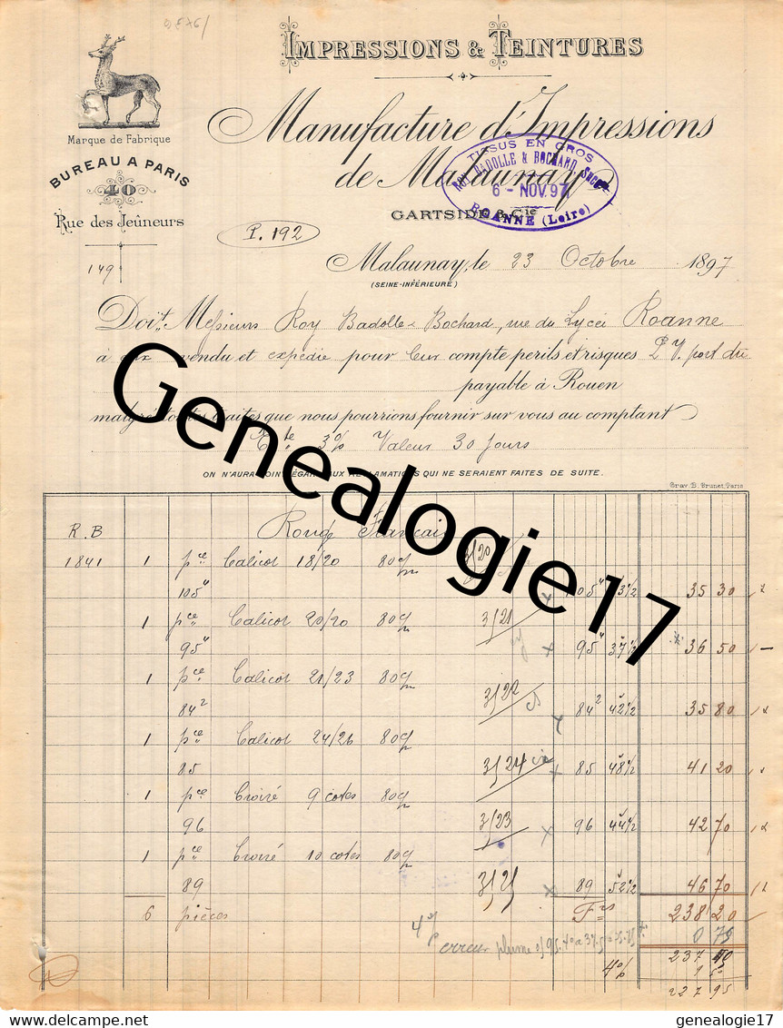 76 1464 MALAUNAY SEINE INFERIEURE 1897 Teintures MANUFACTURE D IMPRESSIONS DE MALAUNAY Ets GARTSIDE A ROY - 1800 – 1899