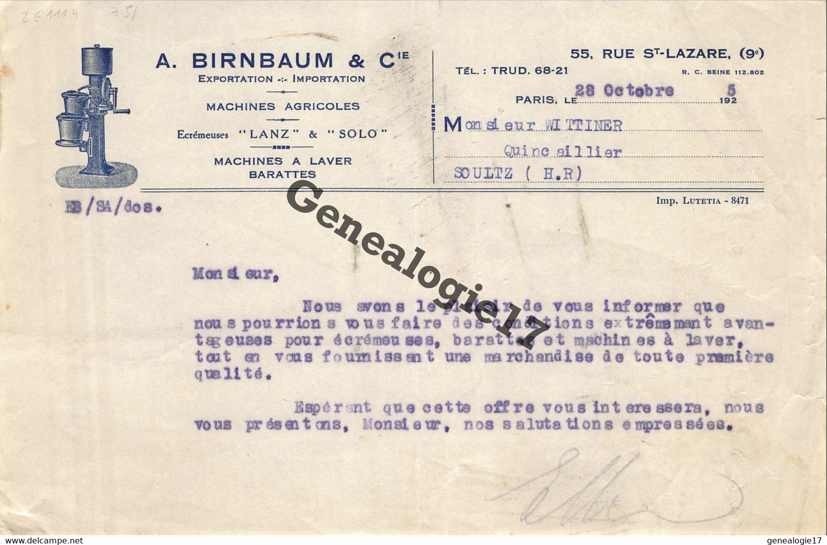 75 11747 PARIS SEINE 1925 Machines Agricoles A BIRNBAUM Ecremeuses LANZ - SOLO  Barattes à WITTINER De SOULTZ 68 - Agriculture