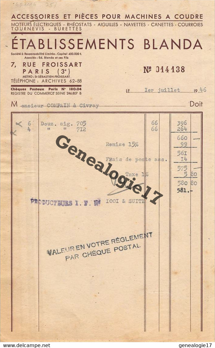 75 11749 PARIS SEINE 1946 Fournitures Machines à Coudre BLANDA Rue Froissart à Mr COMPAIM De CIVRAY - Agriculture