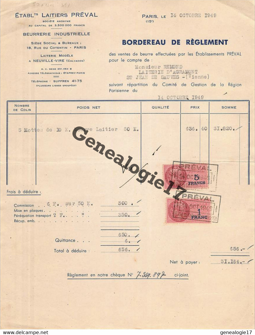 75 12048 PARIS SEINE 1949 LAITIERS PREVAL BEUURERIE Industrielle Rue Cotentin USINE LAITERIE à NEUVILLE VIRE CALVADOS - Agriculture