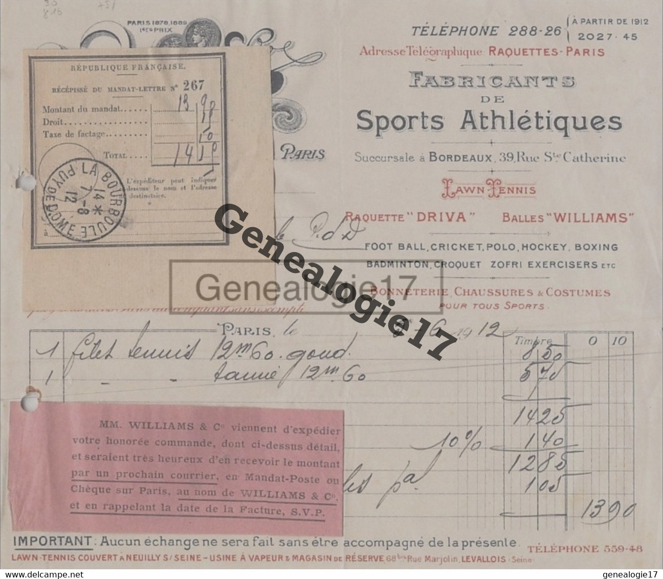 75 12844 W PARIS SEINE 1912 Fabricant De Sports Athletiques WILLIAMS Succ SHEPHERD - LITTLE  Raquette DRIVA LAWN TENNIS - Autres & Non Classés