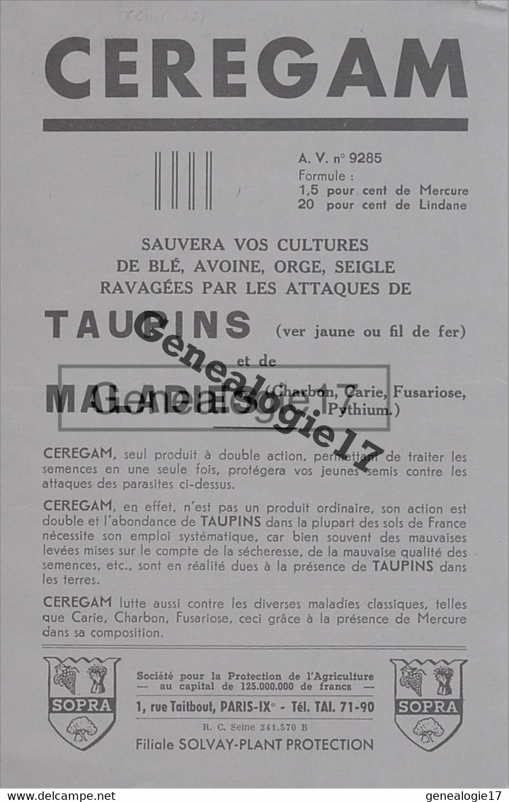 75 13259 PARIS SEINE PUBLICITE Des Ets CEREGAM Traitement Insecticide Rue Taitbout Marque SOPRA - Pubblicitari