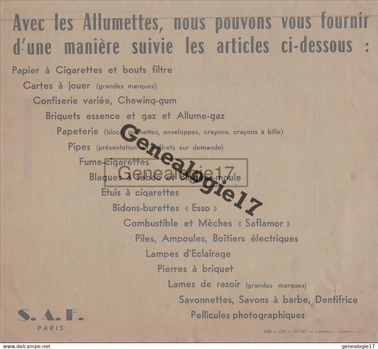 75 13625 PARIS SEINE 1956 Sté ALLUMETTIERE FRANCAISE ( Allumette ) Place Vendome à GIRAUD D' AVAILLES LIMOUZIN - Documenti