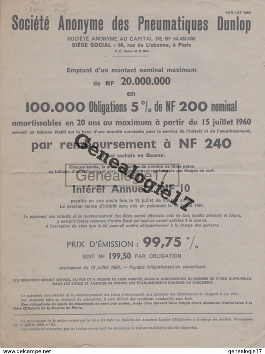 75 13703 PARIS SEINE 1939 -- Publicité ACTION OBLIGATION Pneumatiques DUNLOP Rue De Lisbonne - Automobile