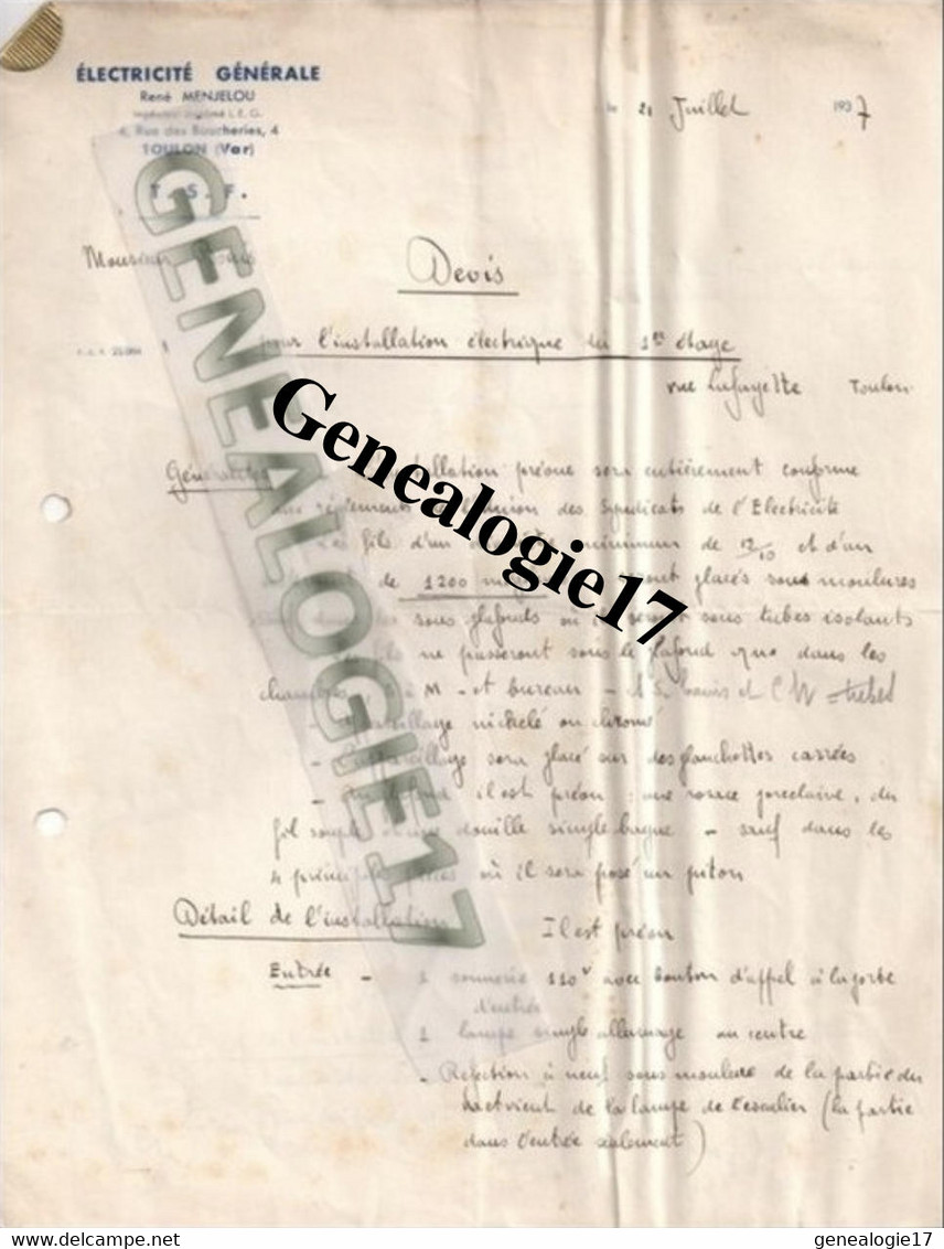 83 0019 TOULON VAR Electrecité TSF T.S.F RENE MENJELOU 4 Rue Des Boucheries 1937 Installation Rue Lafayette Mr BOUIS - Libros Y Esbozos