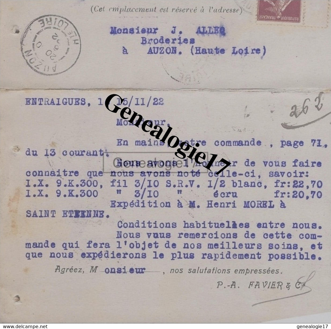 84 0563 ENTRAIGUES VAUCLUSE 1922 Sté Des Usines De La Ramie Francaise P.A FAVIER Usine à VALOBRE à ALLEQ - Entraigue Sur Sorgue