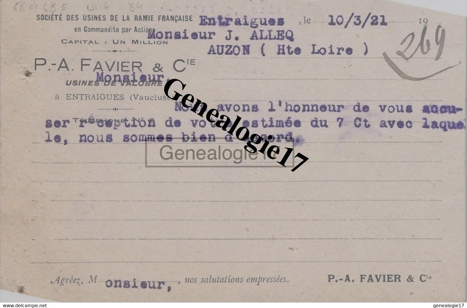 84 0564 ENTRAIGUES VAUCLUSE 1921 Sté Des Usines De La Ramie Francaise P.A FAVIER Usine à VALOBRE à ALLEQ - Entraigue Sur Sorgue