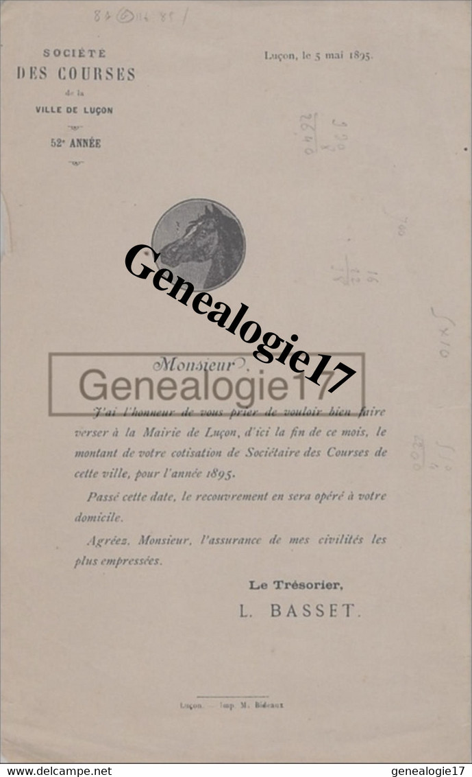 85 0350 LUCON VENDEE 1895 SOCIETE DES COURSES DE LA VILLE DE LUCON Hippodrome Signé L. BASSET ( Chevaux Cheval Course ) - Reiten