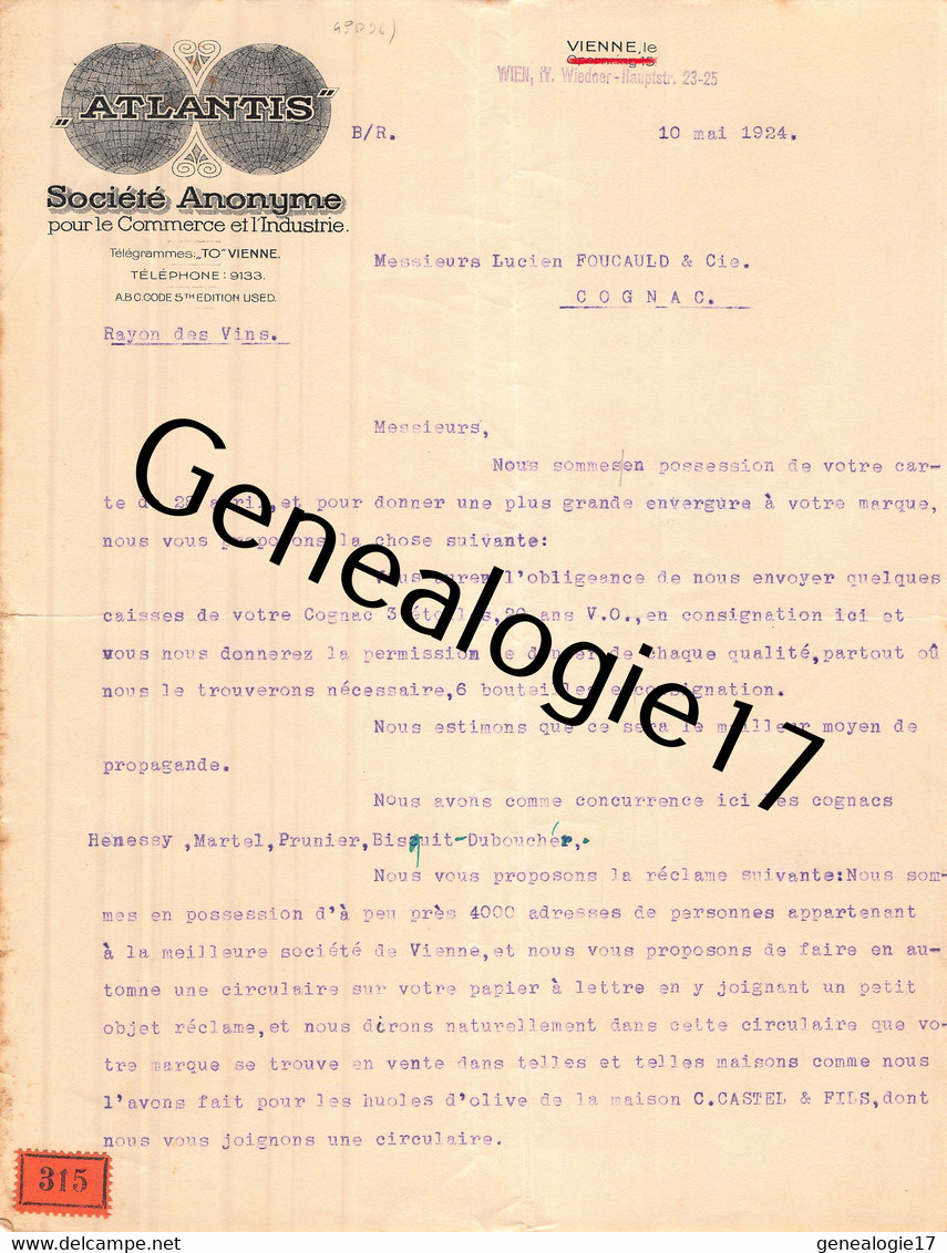 96 2590 AUTRICHE OSTERREICH WIEN VIENNE 1924 Ste Pour Le Commerce Et Industrie ATLANTIS Dest FOUCAULD - Autriche