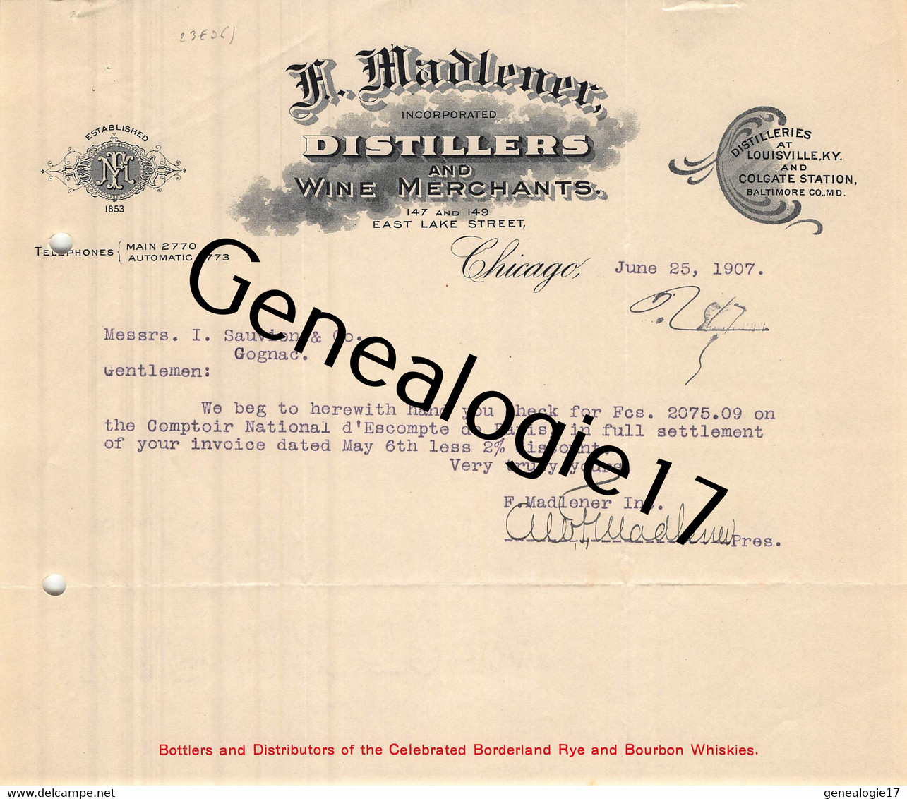 96 2364 ETATS UNIS UNITED STATES CHICAGO 1907 Imported H. MADLENER Wine Marchants DISTILLERS LOUISVILLE BALTIMORE - Verenigde Staten