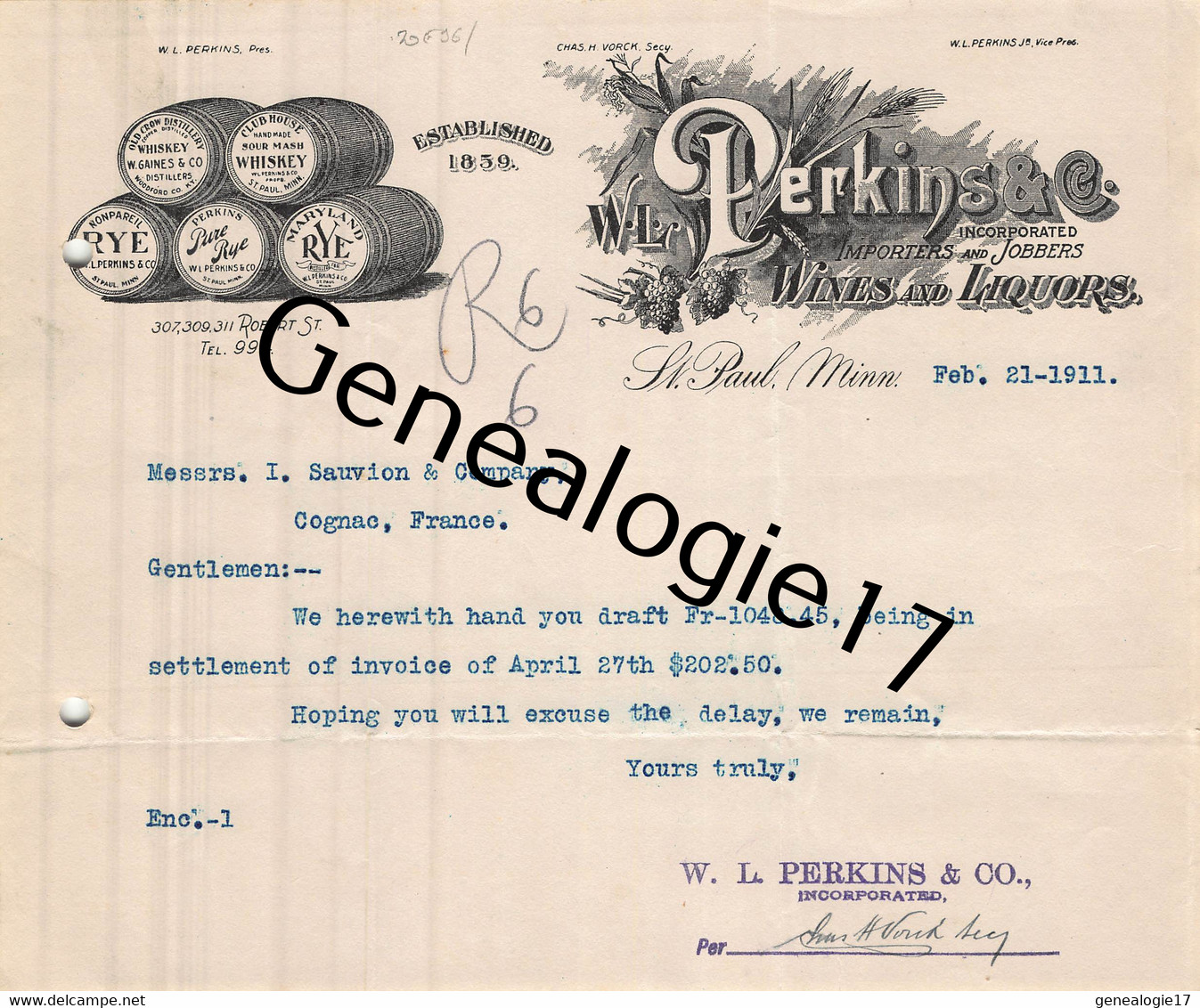 96 2361 ETATS UNIS UNITED STATES SAINT PAUL MINNESOTA 1911 Import W. L. PERKINS Jobbers WISKEY GAINES MARYLAND RYE - United States