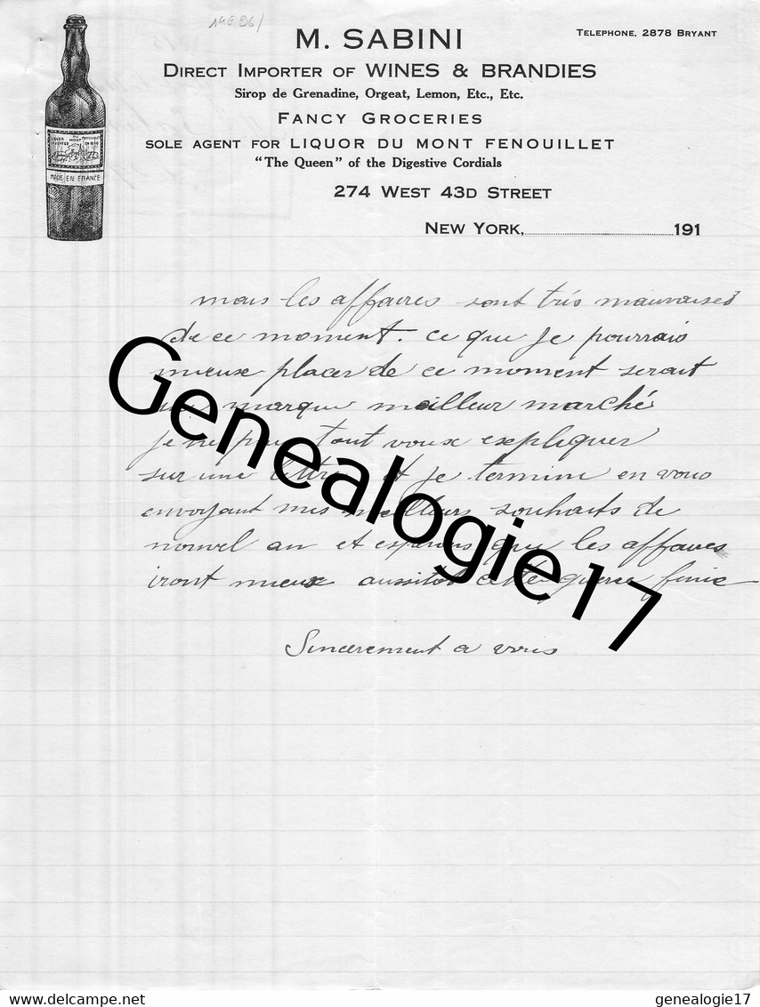 96 2356 ETATS UNIS UNITED STATES NEW YORK 191. Import Wines Brandies M. SABINI Liquor Mont Fenouillet ( HYERES CRAU ) - Etats-Unis