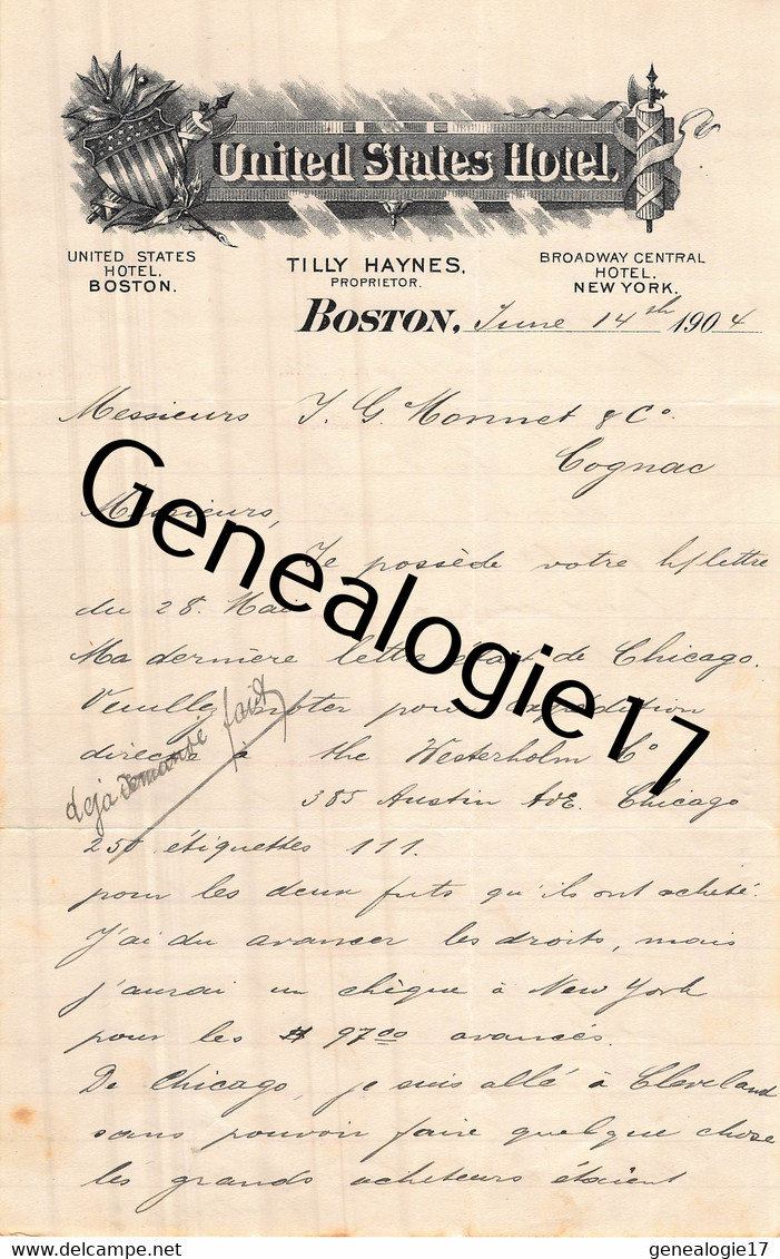 96 2354 ETATS UNIS UNITED STATES BOSTON 1904 UNITED STATES HOTEL Proprietor TILLY HAYNES Broadway Central - Verenigde Staten