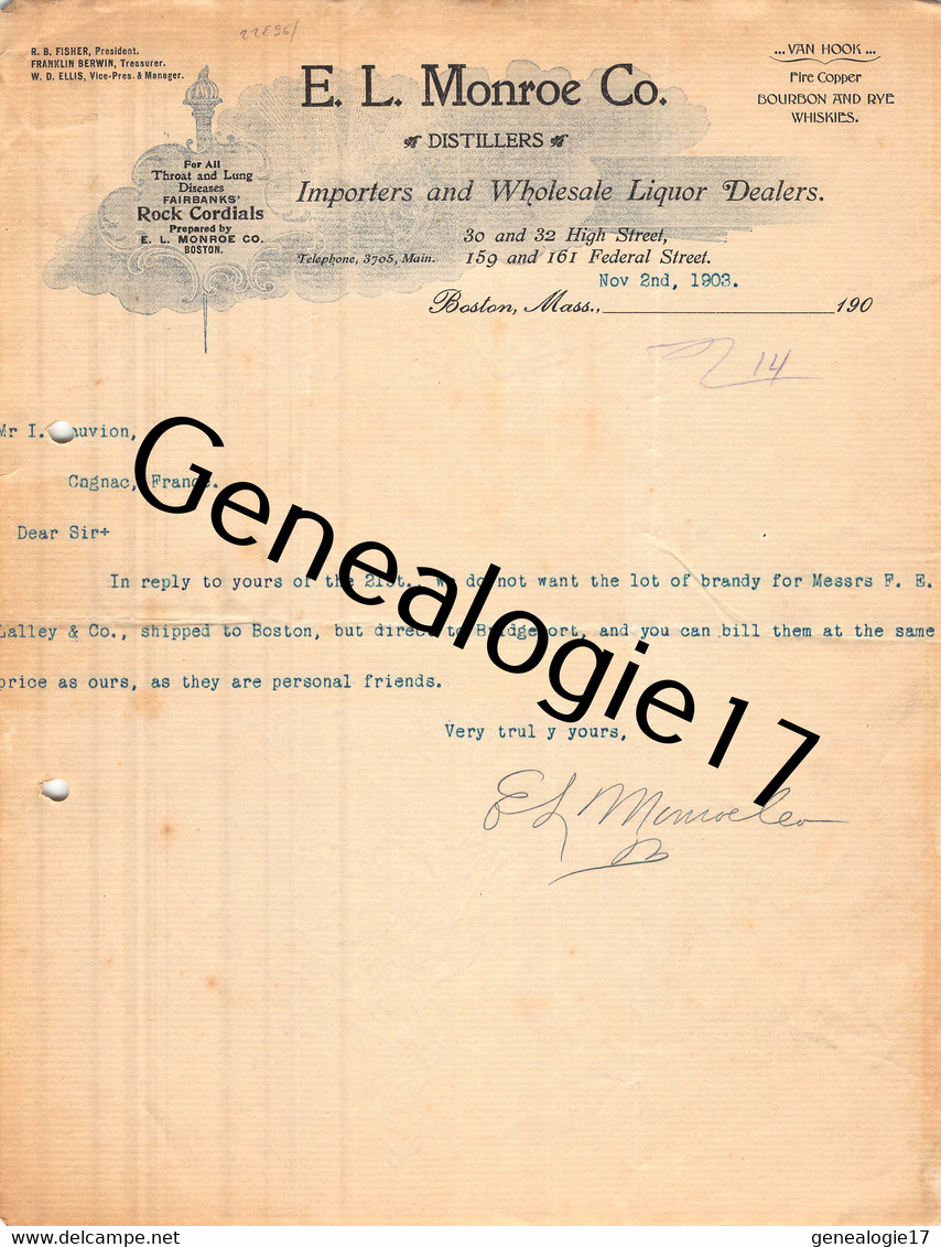 96 2363 ETATS UNIS UNITED STATES BOSTON 1903 Distillers E. L. MONROE Import Liquor Dealers ROCK CORDIALS Bourbon Whiskey - Verenigde Staten