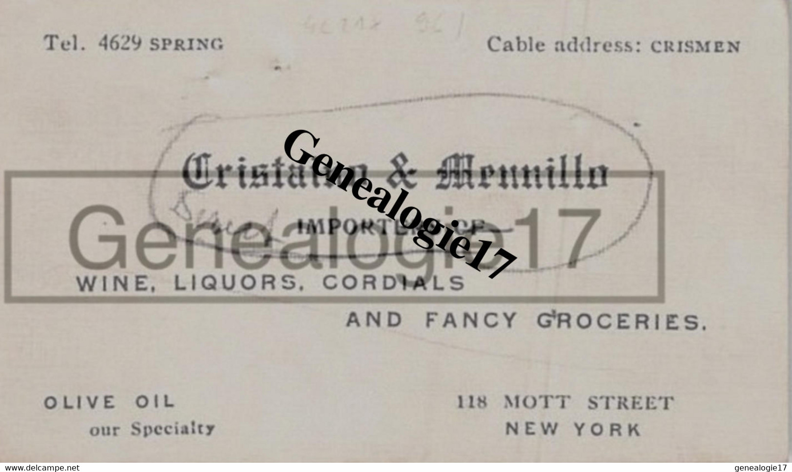 96 1758 NEW YORK ETATS UNIS AMERICA Carte CRISTANO - MENNILLO Importers Wine Liquors - United States