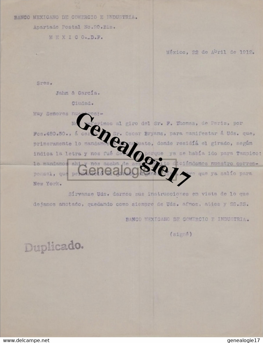 96 1613V MEXIQUE MEXICO 1912 BANCO MEXICANO DE COMERCIO E INDUSTRIA - Etats-Unis