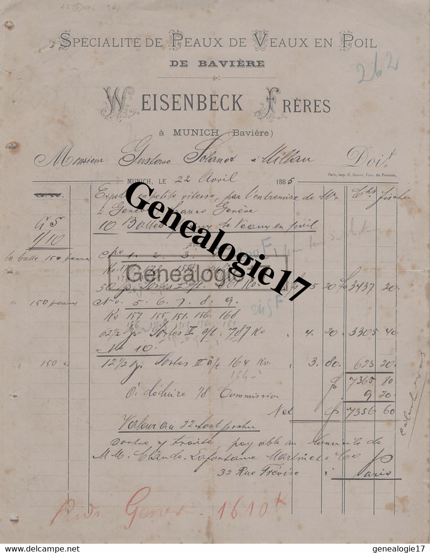 96 1591 ALLEMAGNE DEUTSCHLAND MUNICH 1885 Peaux De Veaux En Poils De Baviere WEISENBECK FRERES HÃ¤ute Von KÃ¤lbern In De - 1800 – 1899