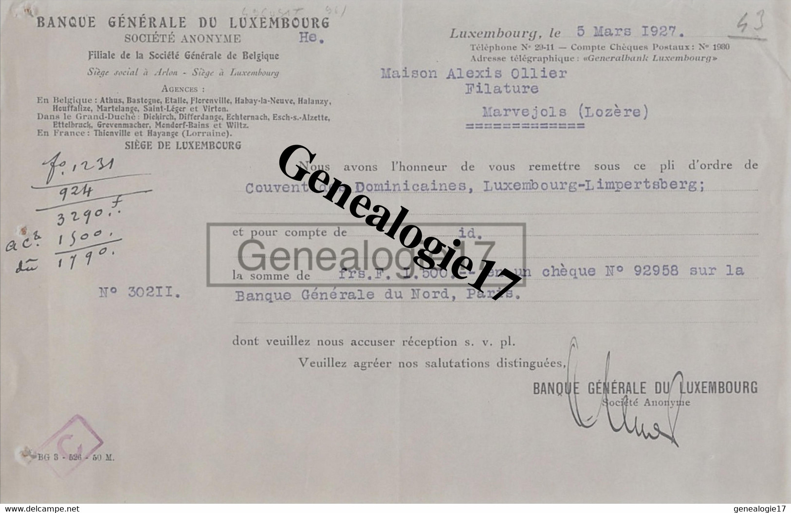 96 1503 LUXEMBOURG 1927 BANQUE GENERALE DU LUXEMBOURG Athus Bastogne Etalle Habay La Neuve Halanzy - Luxemburg