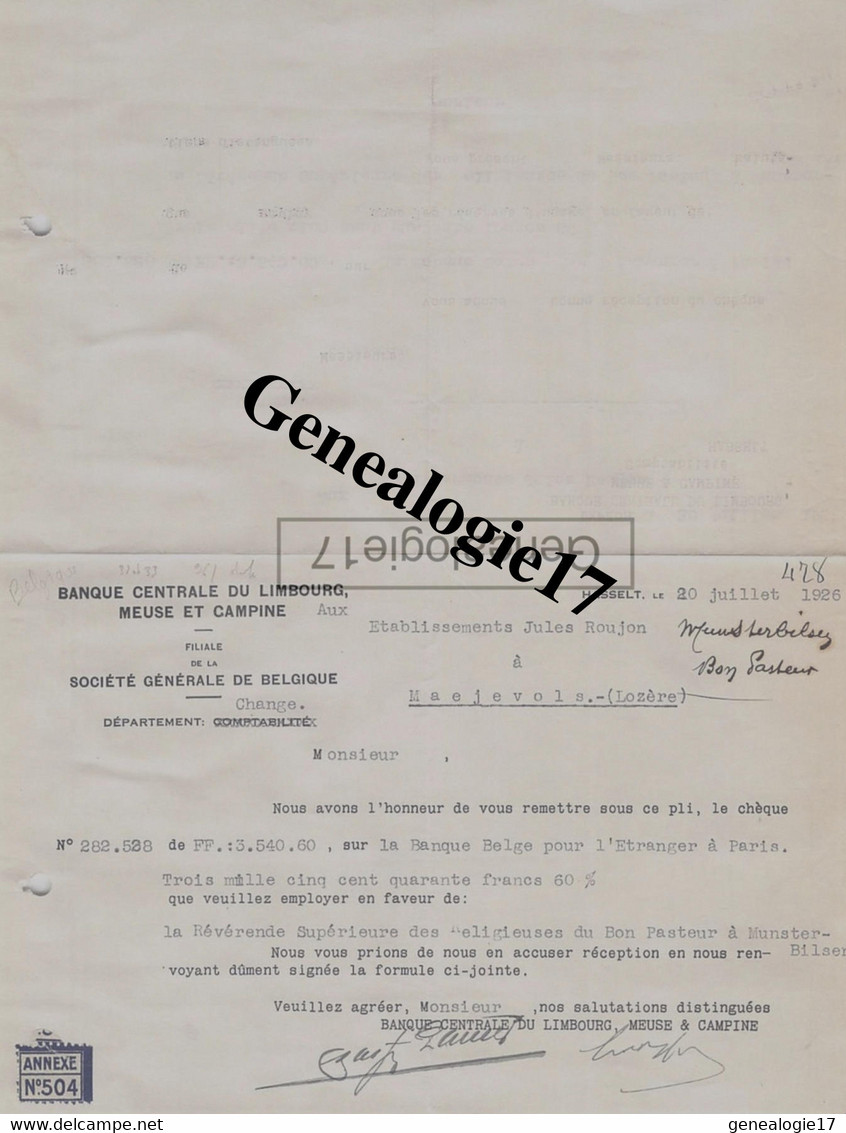 96 1488 BELGIQUE HASSELT 1926 BANQUE CENTRAL DU LIMBOURG MEUSE ET CAMPINE Sté GENERALE DE BELGIQUE  à ROUJON - Banco & Caja De Ahorros