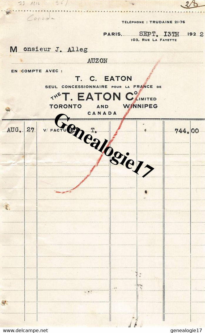 96 1420 CANADA TORONTO And WINNIPEG Ets T. C. EATON  Et PARIS Rue La Fayette à ALLEQ - Canada