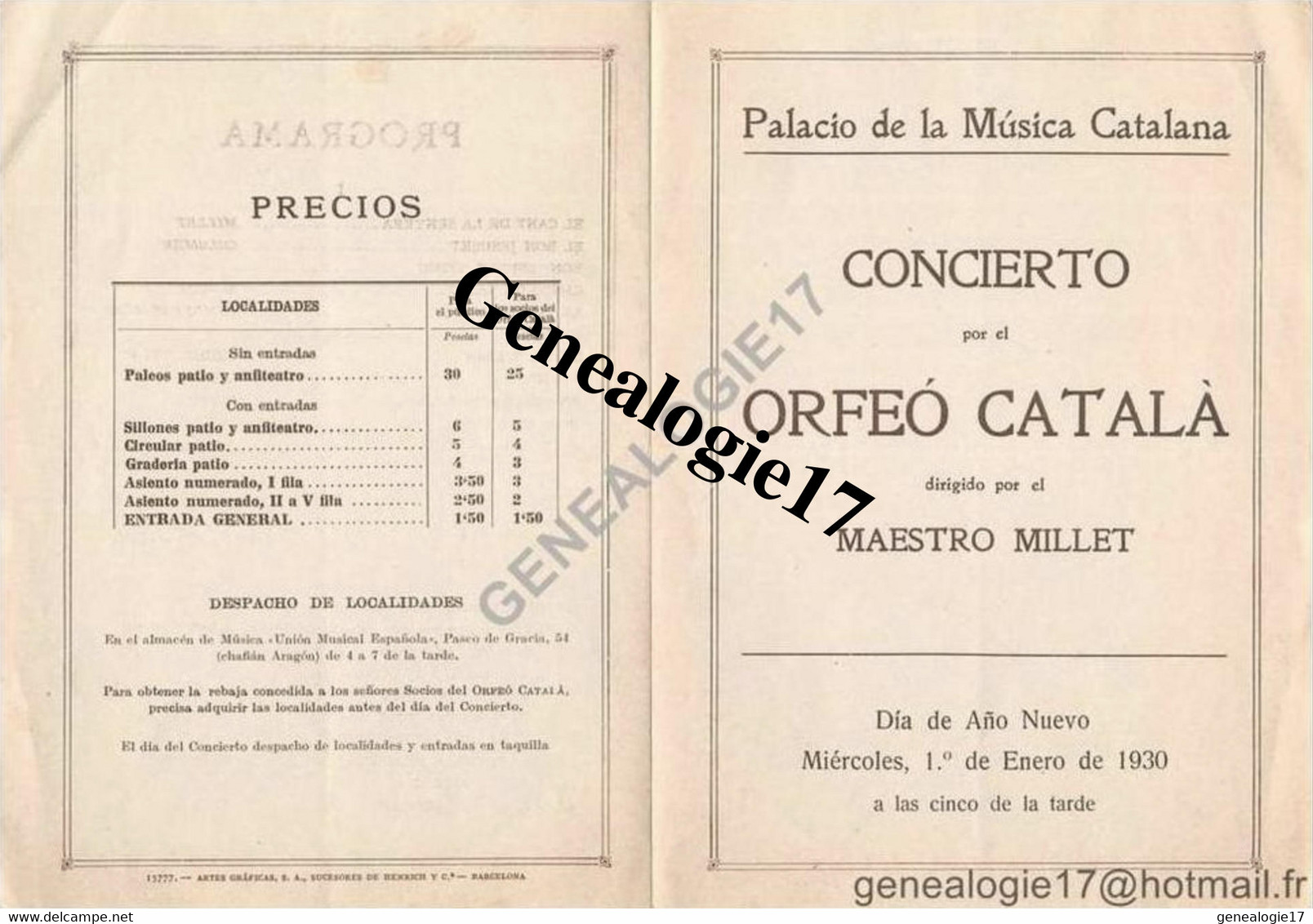 96 1306 ESPAGNE BARCELONNE BARCELONA 1930 PALACIO DE LA MUSICA CATALANA ( Catalane ) ORFEO CATALA Maestro Millet - Espagne