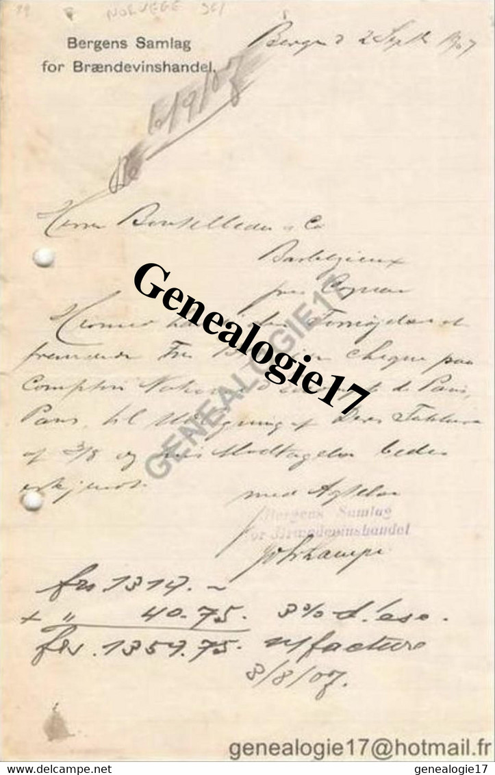 96 1199 0NORVEGE NORWAY BERGEN Bérgéet Trade N 1907  BERGENS SAMLAG FOR BRAENDEVINSHANDEL - Royaume-Uni