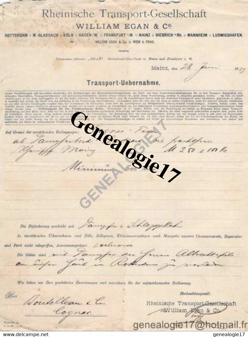 96 1096 ALLEMAGNE DEUTSCHLAND MAYENCE MAINZ 1888 Rheinische Transport Gesellscharft WILLIAM EGAN Et  Co   NIEDERLA - 1800 – 1899