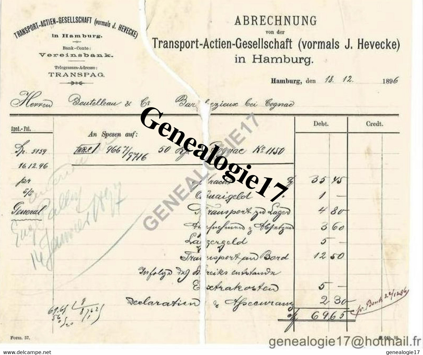 96 1050 ALLEMAGNE DEUTSCHLAND HAMBURG HAMBOURG 1896 Transport ACTIEN GESELLSCHAFT Vormals J. HEVECKE - 1800 – 1899