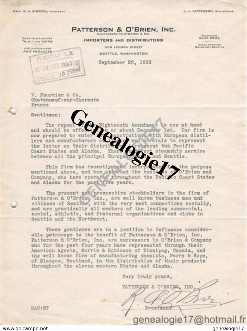 96 1041 ETATS UNIS United States America SEATTLE WASHINGTON 1933 Mr PATTERSON Et  O'BRIEN INC ( PROHIBITION ALCOHO - Stati Uniti