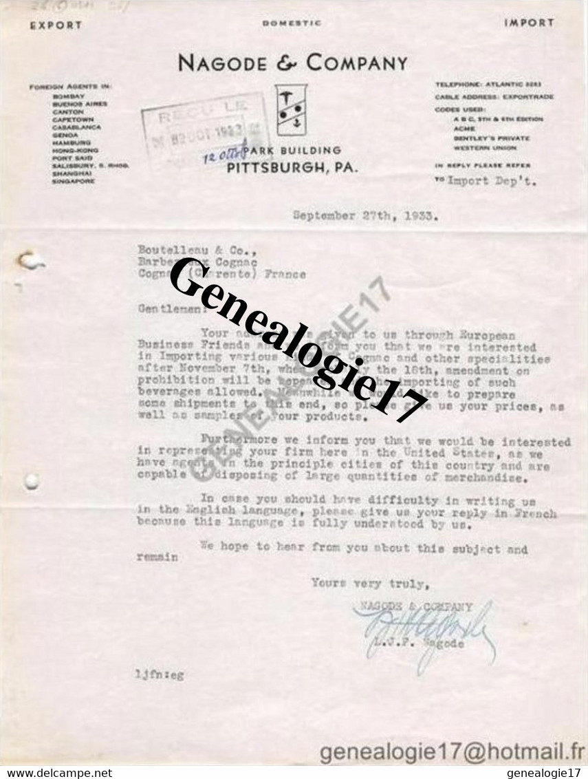 96 1039 ETATS UNIS United States America PITTSBURGH 1933 Domestic NAGODE Et  CO ( ABOLITION DRY DIET PROHIBITION A - Verenigde Staten