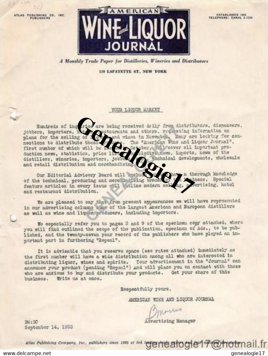 96 1035 ETATS UNIS United States America NEW YORK 1933 WINE LIQUOR JOURNAL Distilleries ( DIET PROHIBITION ALCOHOL ) - Estados Unidos