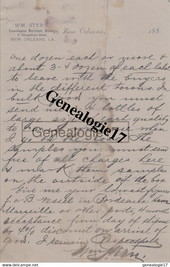 96 1029W ETATS UNIS United States Of America NEW ORLEANS 1886 Merchant Broker WM. STERN Tchoupitoulas Street - Estados Unidos