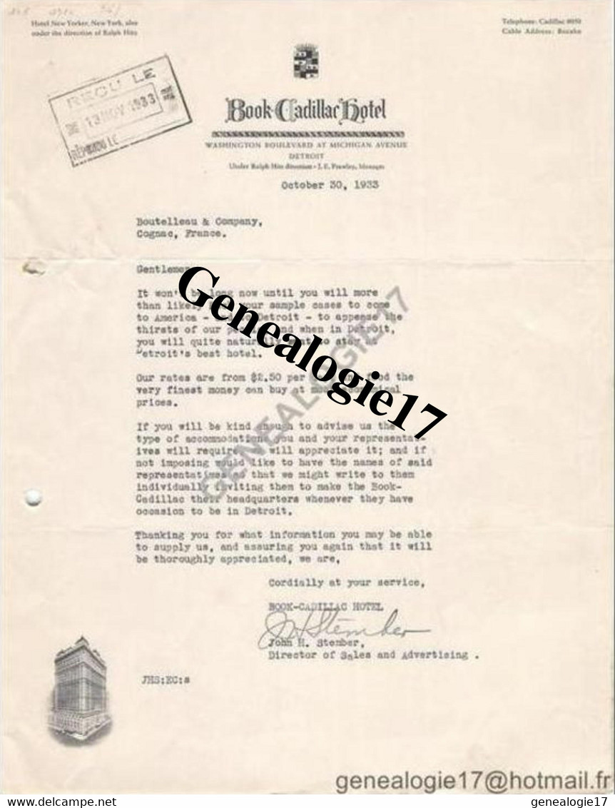 96 1027 ETATS UNIS United States Of America DETROIT 1933 BOOK CADILLAC HOTEL ( ABOLITION DRY DIET PROHIBITION ALCOHOL ) - Stati Uniti