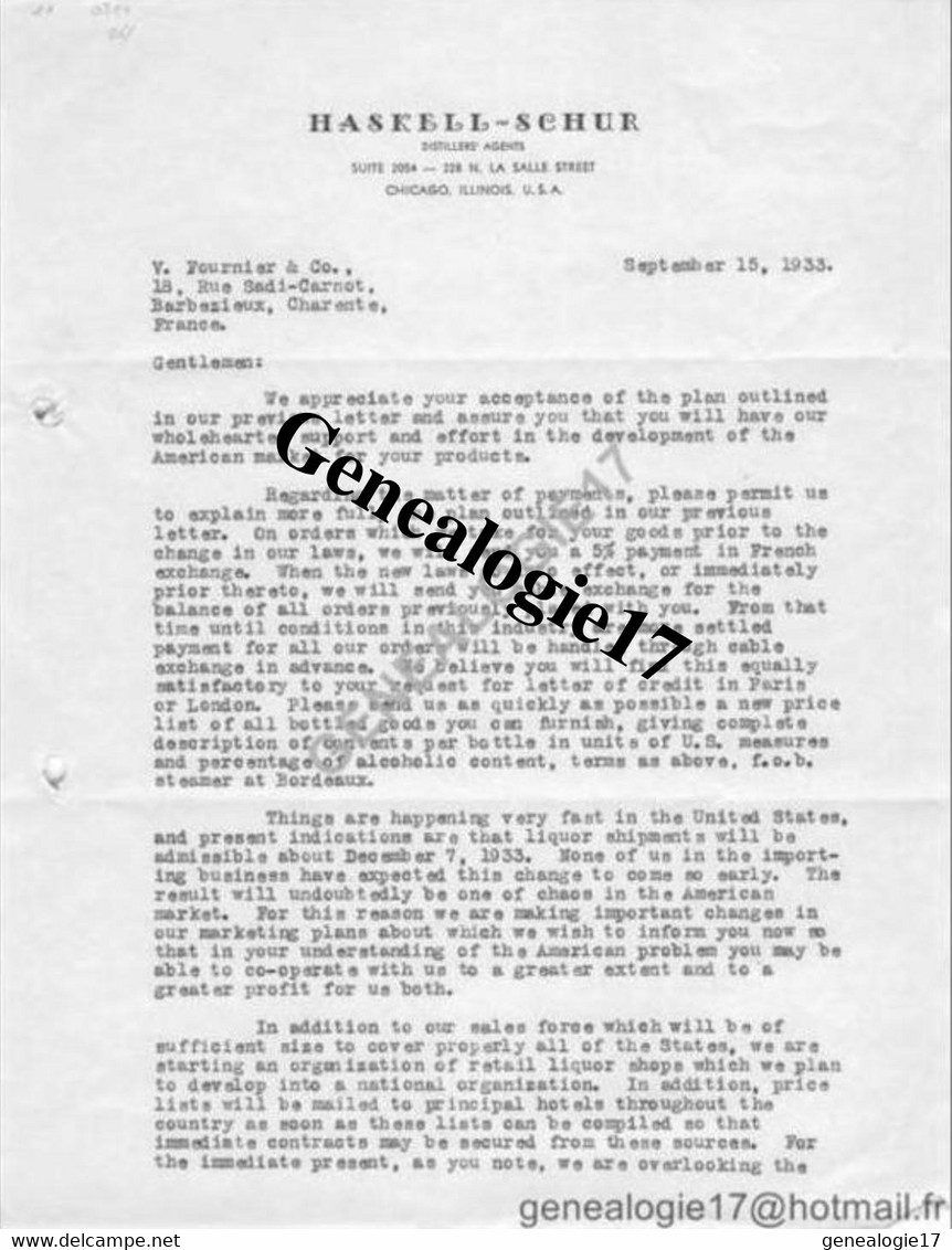 96 1025 ETATS UNIS United States Of America 1933 Distiller's HASKELL SCHUR La Salle  - ABOLITION DRY DIET PROHIBITION - Etats-Unis