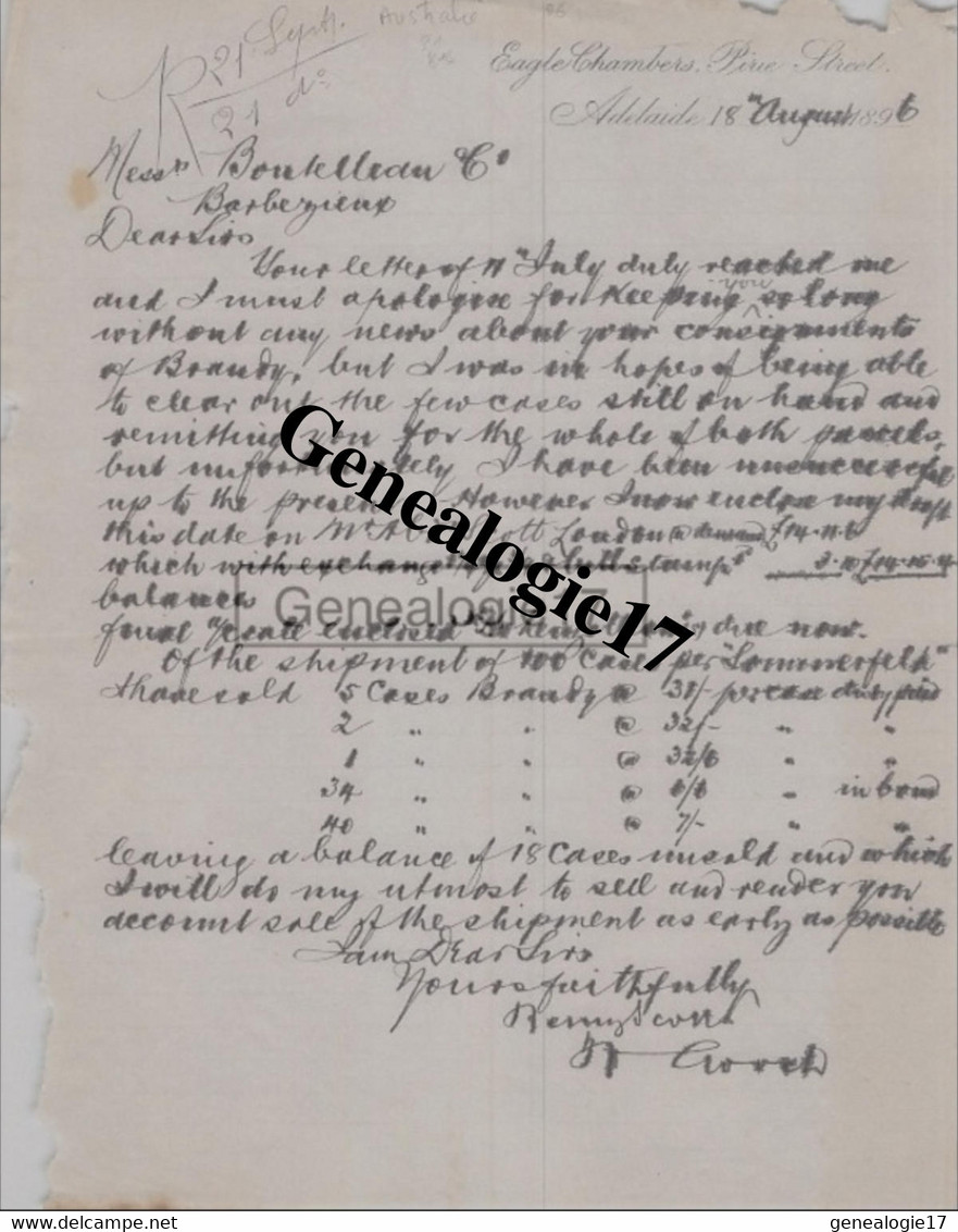 96 1018W AUSTRALIE AUSTRALIA ADELAIDE 1886 Life Insurance HENRI SCOTT Eagle - CORNWALL FIRE Et  MARINE Eagle Chambers - Australien