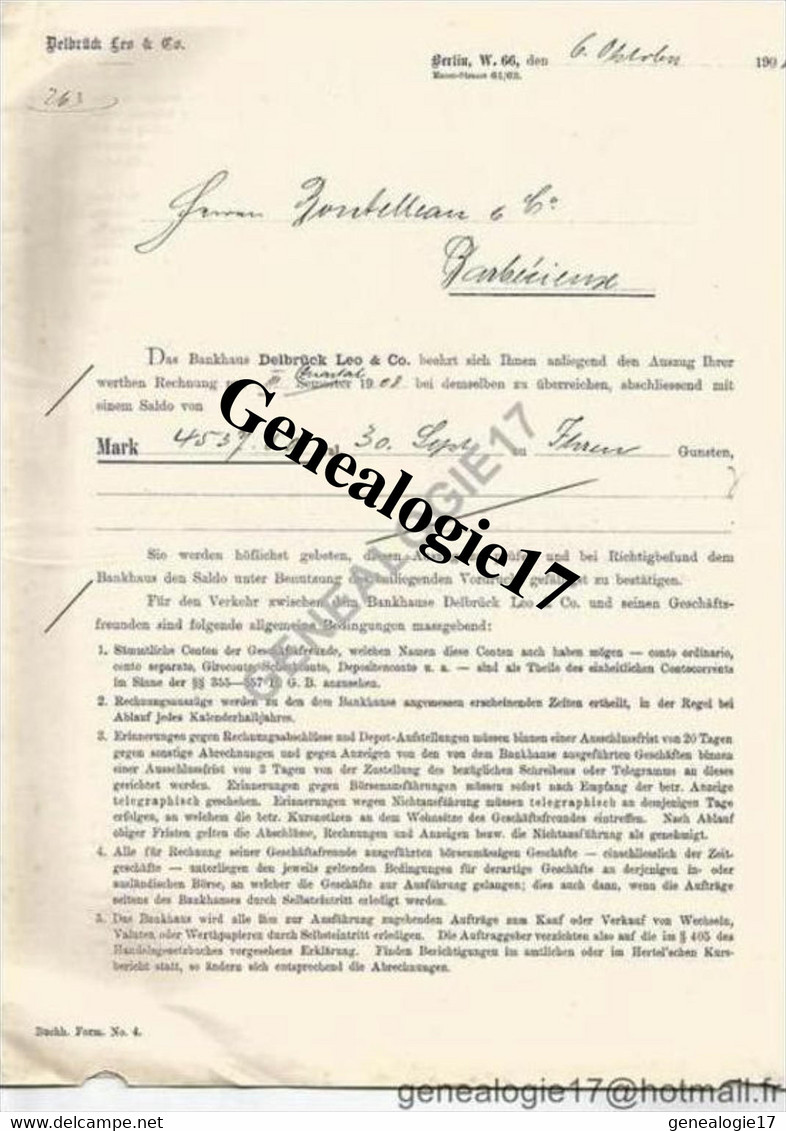 96 1003 ALLEMAGNE DEUTSCHLAND BERLIN 1908  Bank DELBRUCK LEO AND Co ( Delbrùck ) W66 Mauer Strasse - Bank & Versicherung