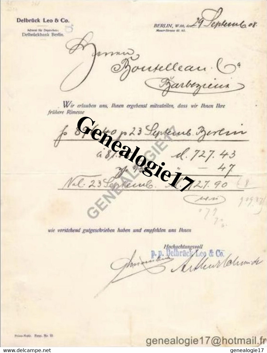96 1002 ALLEMAGNE DEUTSCHLAND BERLIN 1908  Bank DELBRUCK LEO AND Co ( Delbrùck ) W66 Mauer Strasse - Banque & Assurance