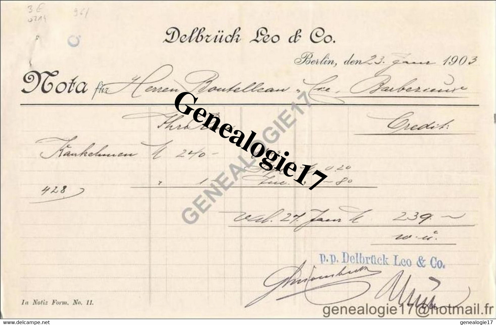 96 1001 ALLEMAGNE DEUTSCHLAND BERLIN 1903  Bank DELBRUCK LEO AND Co ( Delbrùck ) W66 Mauer Strasse - Bank En Verzekering