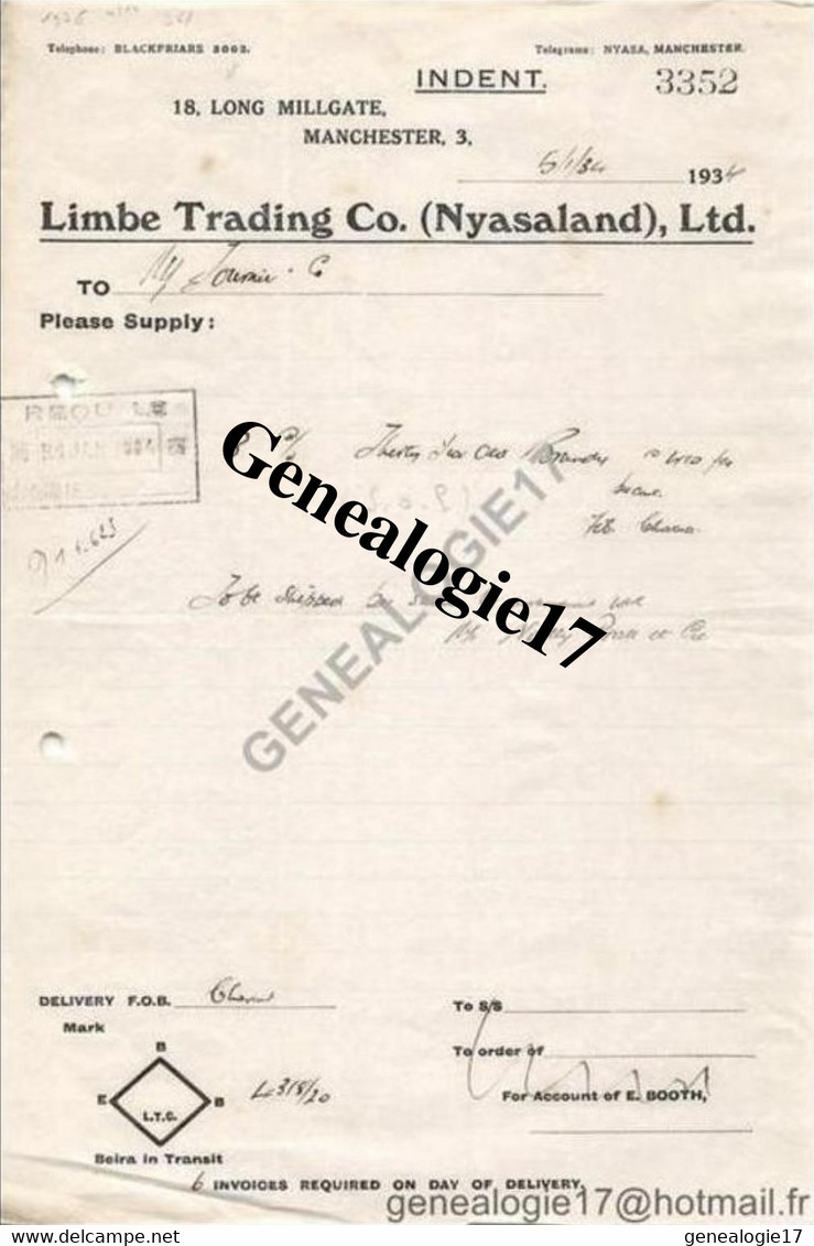 96 0987 ANGLETERRE ENGLAND MANCHESTER 1934 LIMBE TRADING COMPANY ( NYASALAND ) LTD  Long Millgate - United Kingdom