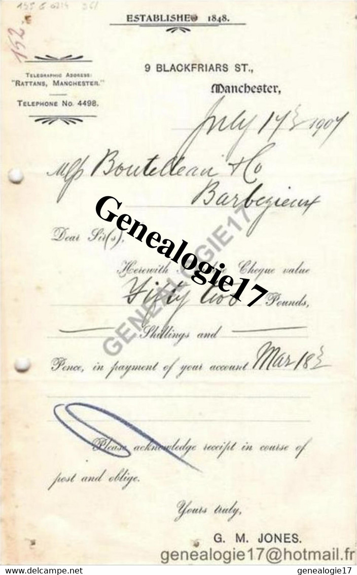 96 0985 ANGLETERRE ENGLAND MANCHESTER 1907 Ets G. M. JONES 9 Blackfriars St - United Kingdom