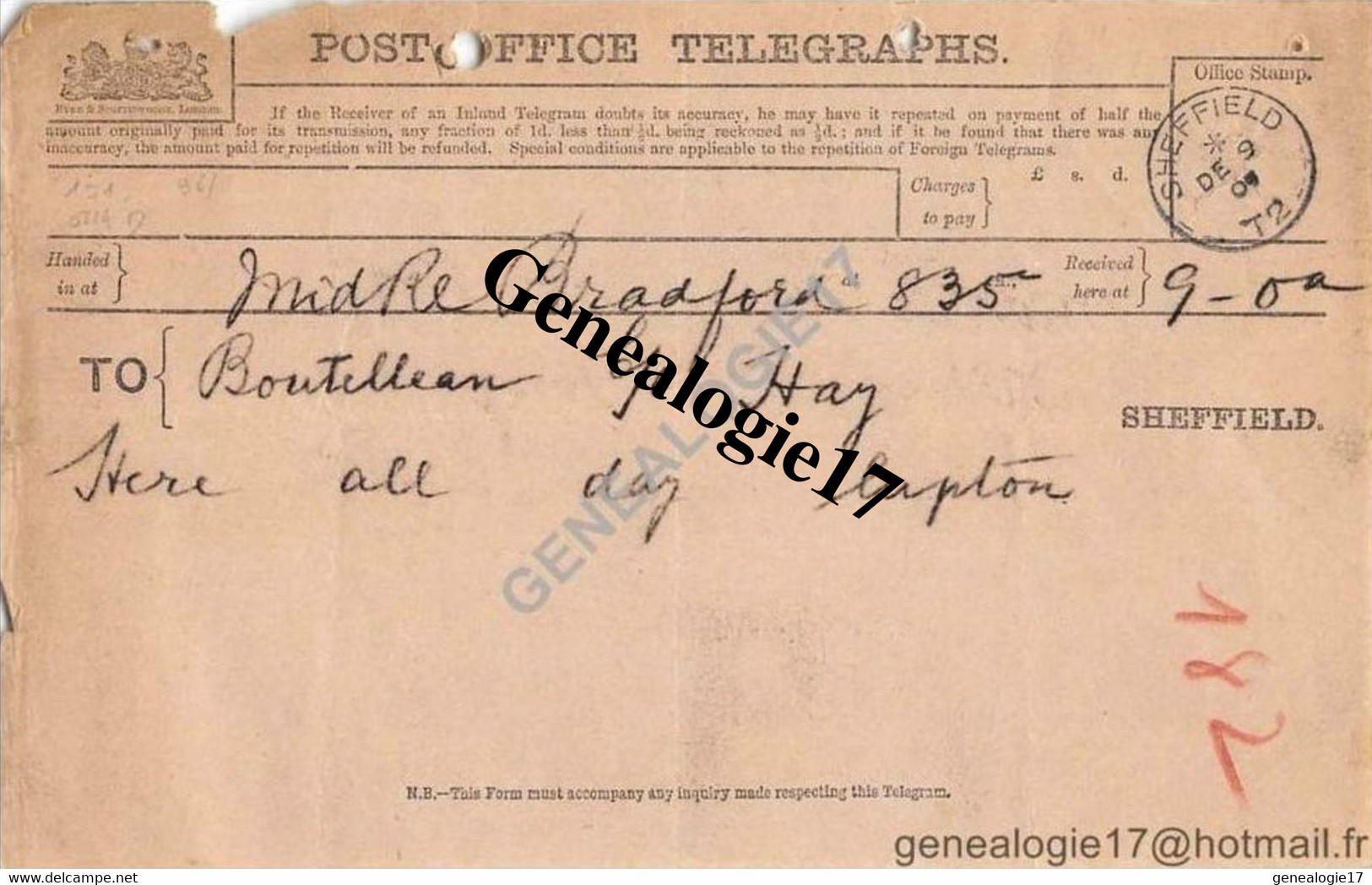 96 0982 ANGLETERRE ENGLAND SHEFFIELD 1907 POST OFFICE TELEGRAPHS - Telegramme De BRADFORD - United Kingdom