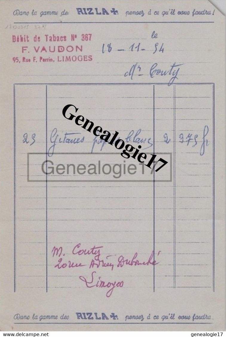 87 0803 LIMOGES HAUTE VIENNE 1954 Debit De Tabacs F. VAUDON Tabac Rue F. Perrin PUBICITE RIZZLA - Documents