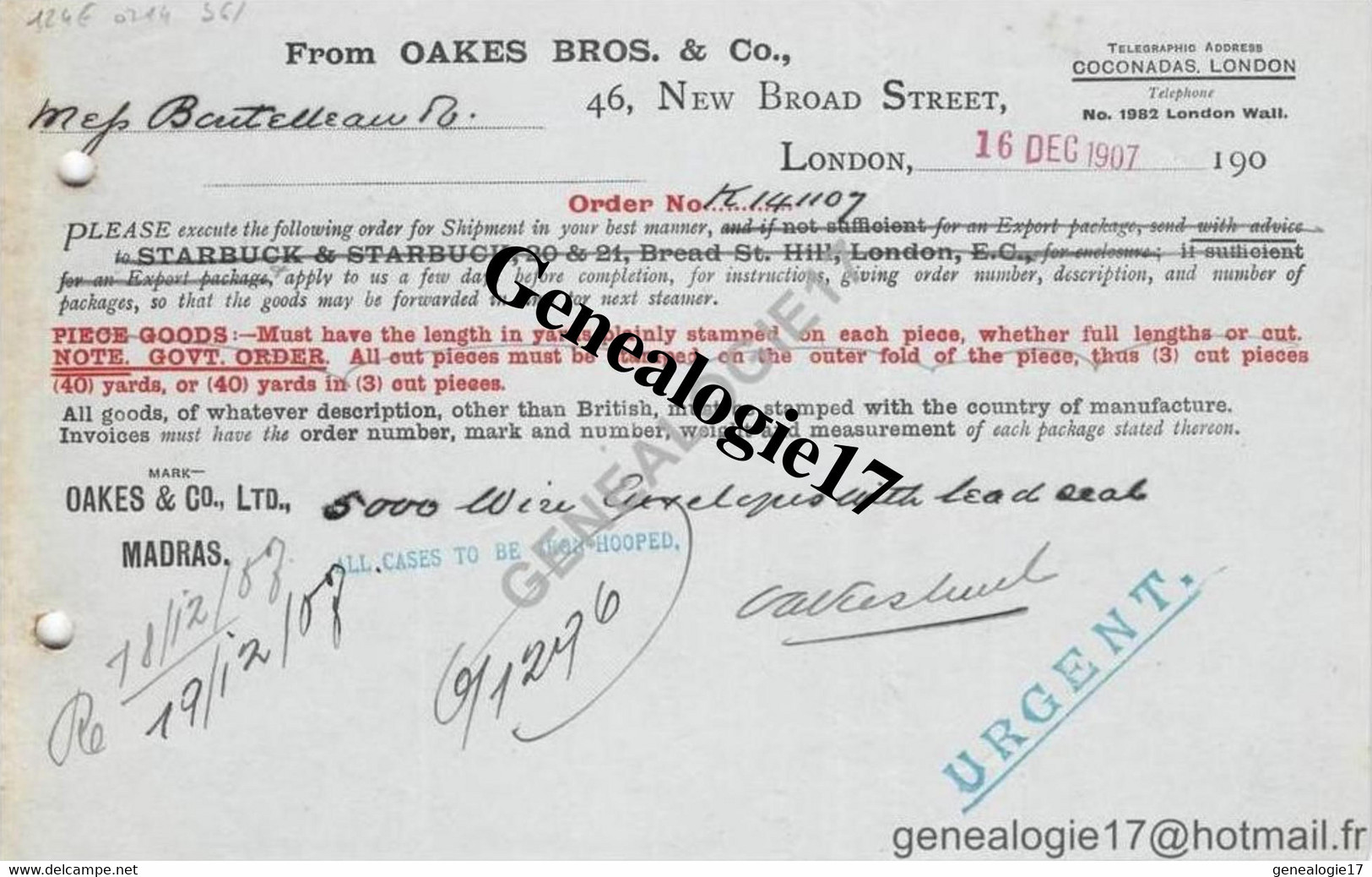 96 0946 ANGLETERRE ENGLAND LONDRES LONDON 1907  Mr OAKES BROS AND CO New Broad Street MADRAS - United Kingdom