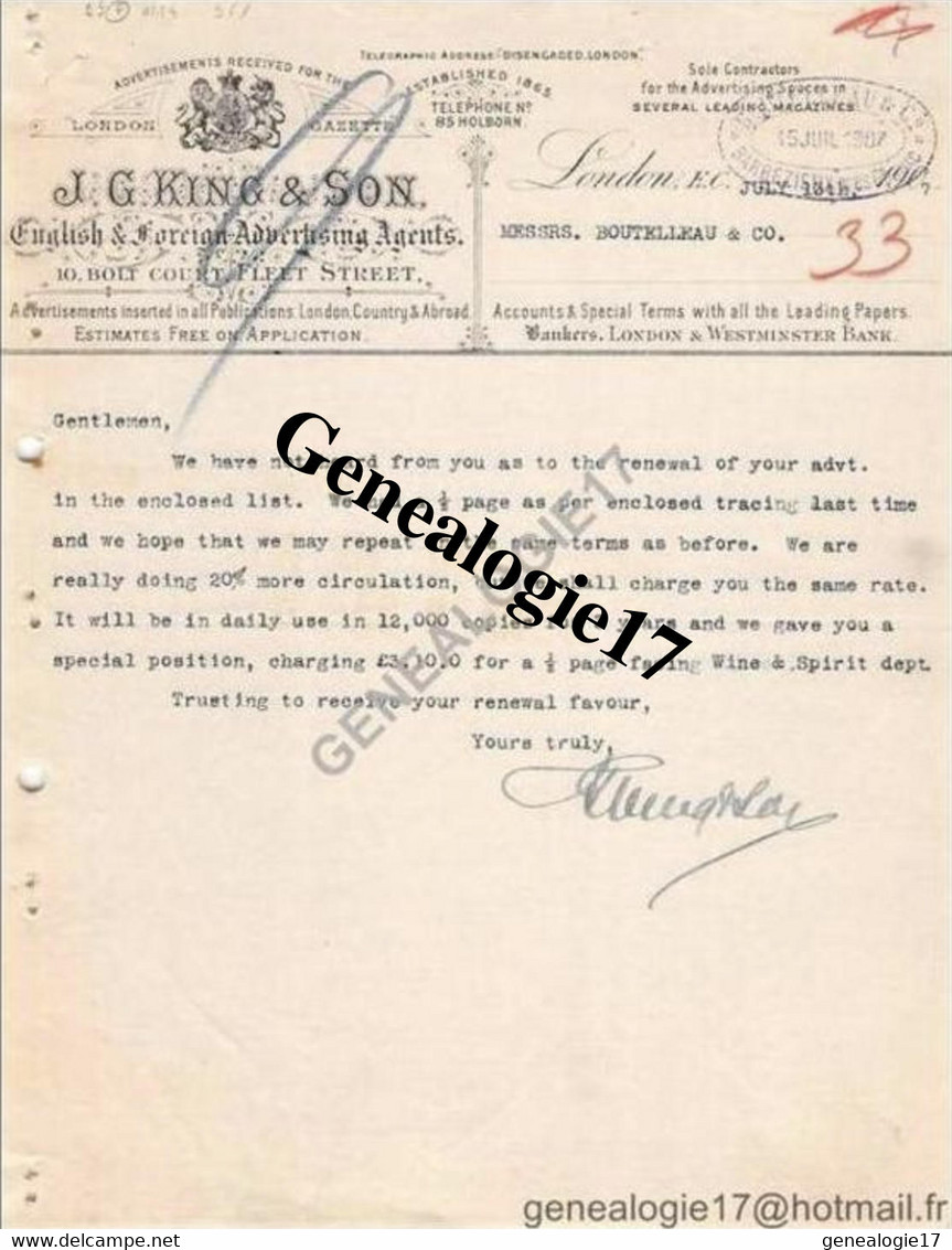 96 0922 ANGLETERRE ENGLAND LONDRES LONDON 1937 English Et  Foreign Advertisigng Agents J.G KING Ans Son Bolt Court - United Kingdom
