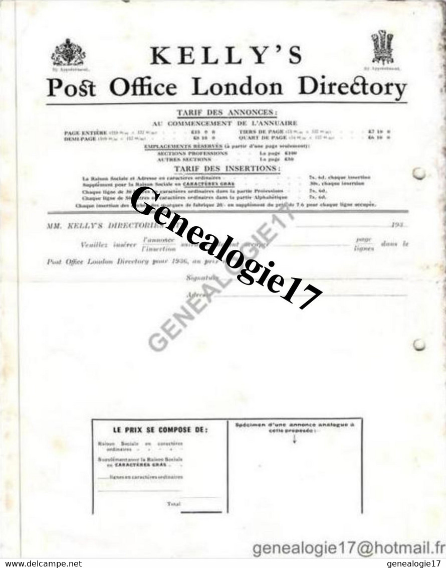 96 0902 ANGLETERRE ENGLAND LONDRES LONDON 19.. THE POST OFFICE Annuaires KELLY'S DIRECTORIES Rue Montaigne - KELLY ' S - Regno Unito