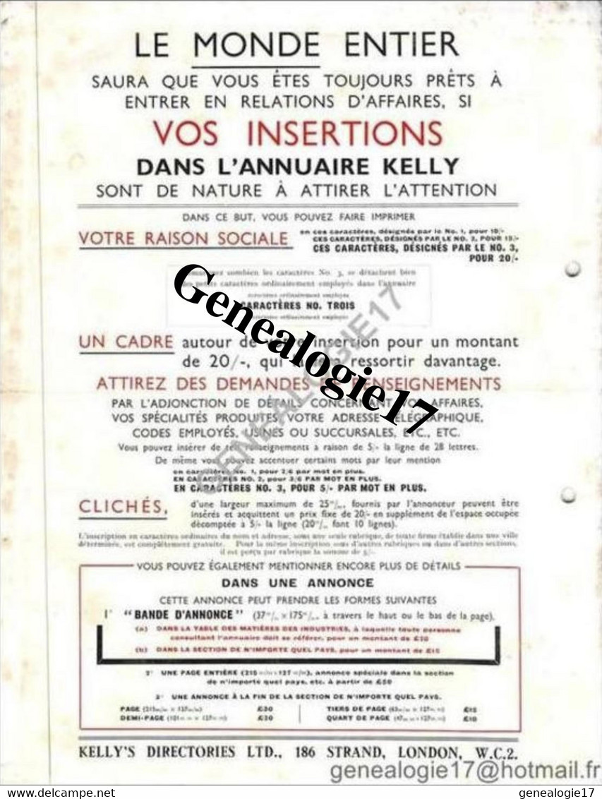 96 0901 ANGLETERRE ENGLAND LONDRES LONDON 19.. THE POST OFFICE Annuaires KELLY'S DIRECTORIES Rue Montaigne - KELLY ' S - United Kingdom