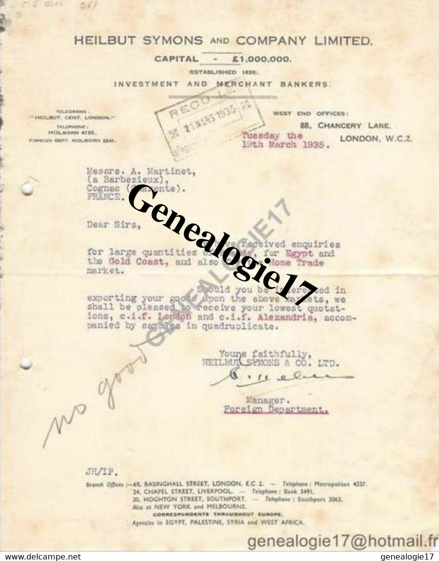 96 0895 ANGLETERRE ENGLAND LONDRES LONDON  1935 Ets HEILBUT SYMONS And COMPANY LIMITED Chancery Lane - MERCHANT BANKERS - Regno Unito