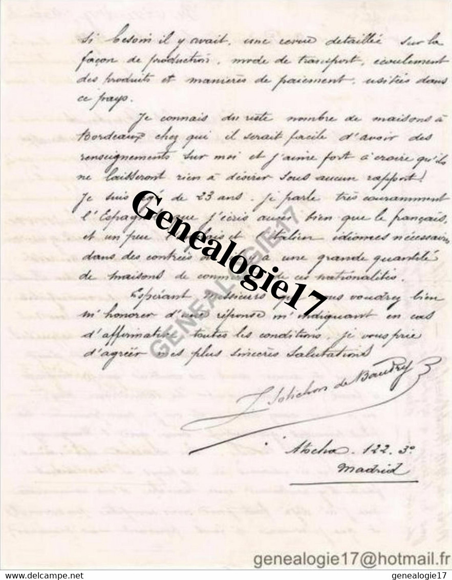 96 0836 ESPAGNE SPAIN MADRID 1890 Lettre Commerciale De Mr DE BAUDRY Voyageur Espaet Ntilde A - España