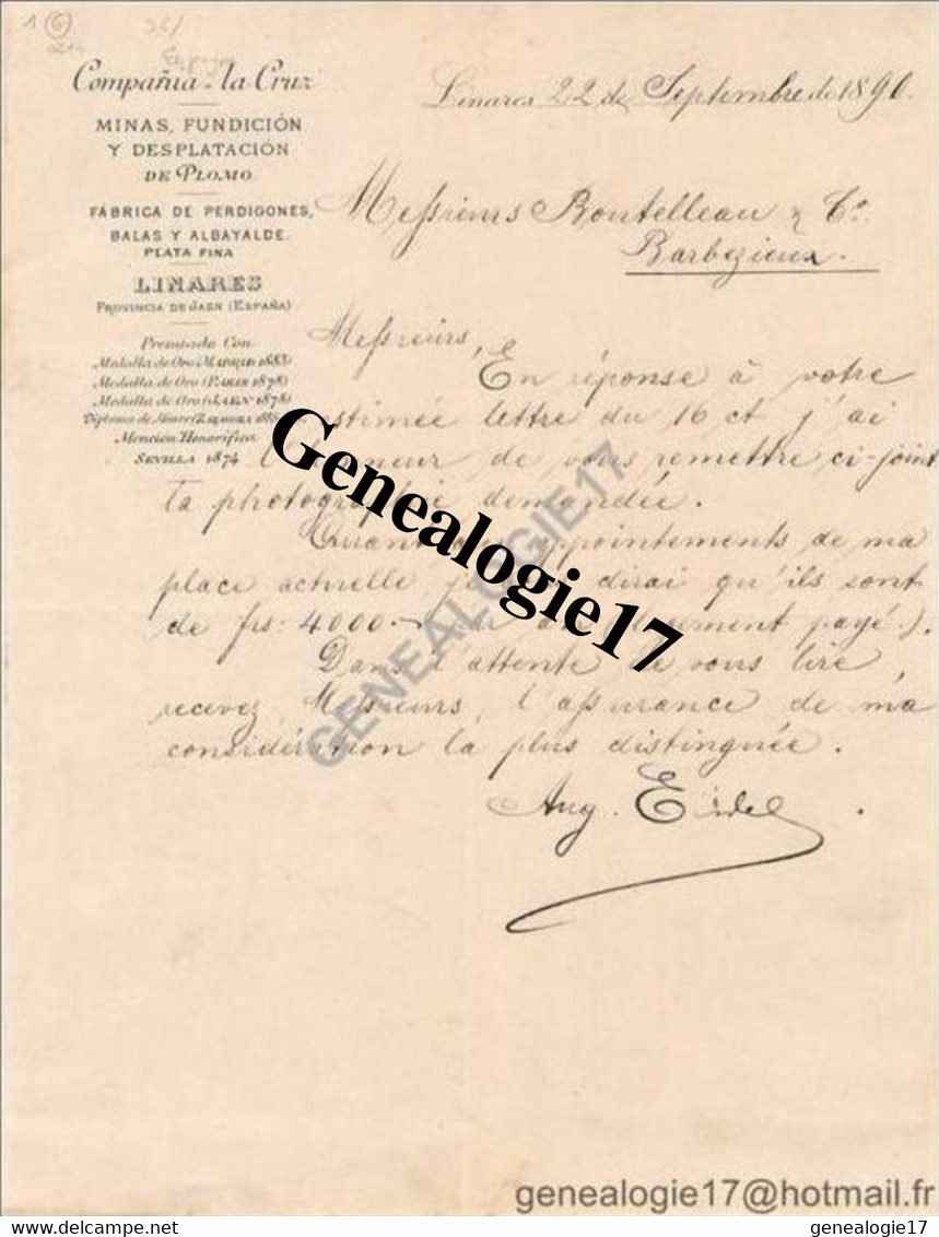 96 0835 ESPAGNE SPAIN LINARES De JAEN 1890 COMPANIA LA CRUZ Minas Fundicion DE PLOMO Fabrica Perdigones Espaet Ntilde A - Spanje